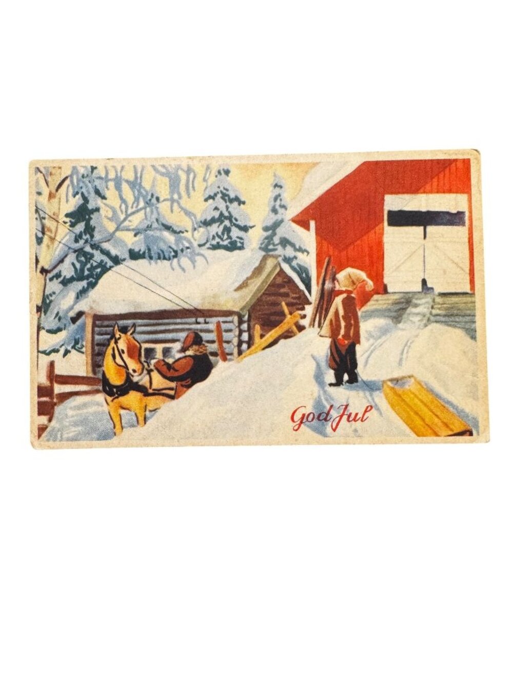 Vtg Norwegian God Jul Christmas Postcard Luftpost Jørgen Thorsrud Winter Scene 1